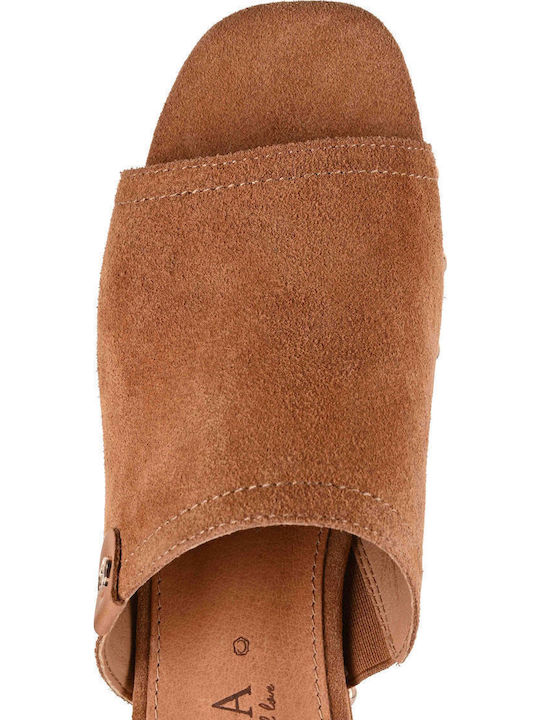 Suede Mules με Χοντρό Ψηλό Τακούνι σε Καφέ Χρώμα