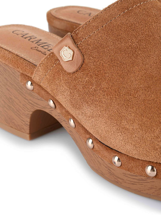 Suede Mules με Χοντρό Ψηλό Τακούνι σε Καφέ Χρώμα