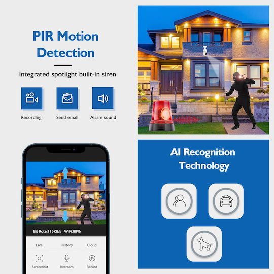 Smart IP Surveillance Camera Wi-Fi Full HD 1080p Waterproof with Two-Way Communication and Lens 4mm