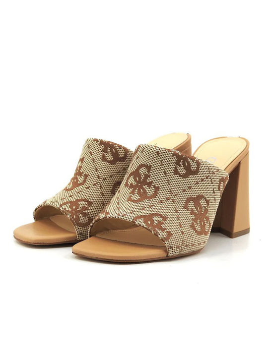 Leather Mules with Chunky High Heel in Beige Color
