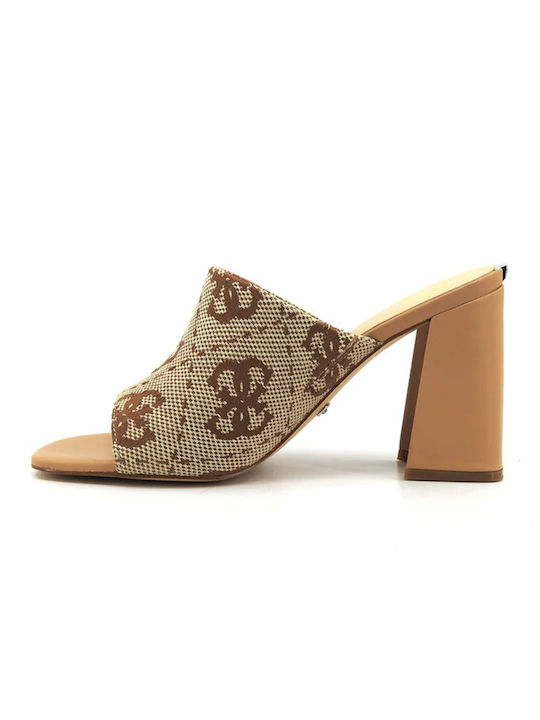 Leather Mules with Chunky High Heel in Beige Color