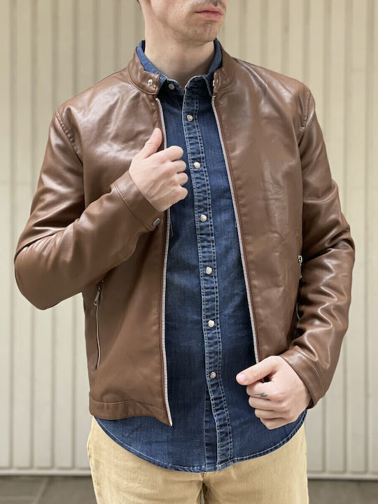Bread And Buttons Ανδρικό Ταμπά Jacket Από Δερματίνη Με Μάο Γιακά G12317t Bread And Buttons Ανδρικό Ταμπά Jacket Από Δερματίνη Με Μάο Γιακά G12317t