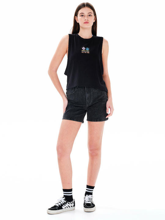 Peace Sunshine All The Time Damen Crop Top Baumwolle Ärmellos Schwarz