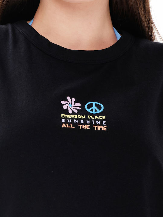 Peace Sunshine All The Time Damen Crop Top Baumwolle Ärmellos Schwarz