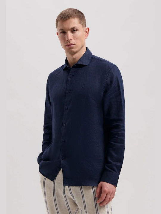 Dstrezzed Men's Shirt Long Sleeve Linen Navy Blue