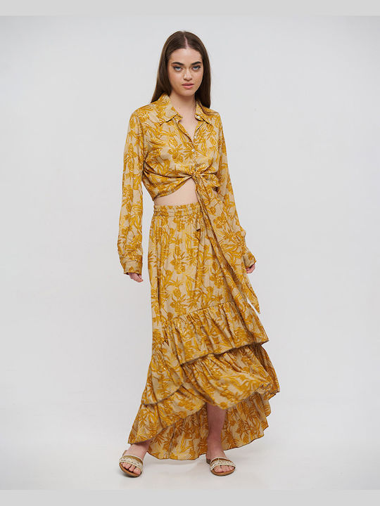 Ble Skirt Long Asymmetrical With Volan Brown/Mustard With Gold Details S/m (100% Crepe)cm 5-41-348-0806