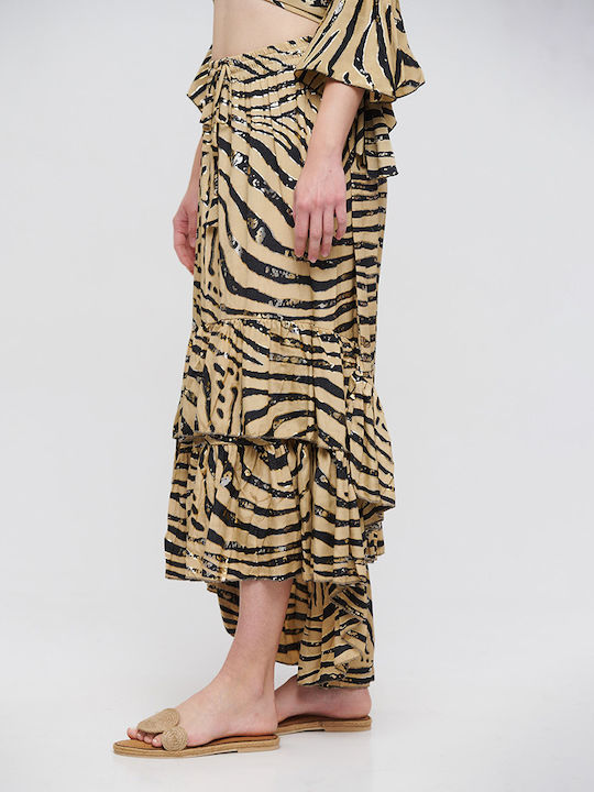 Ble Skirt Long Asymmetrical With Bolan Beige-Black ''zebra'' With Silver/Gold Details M/l (100% Crepe)cm 5-41-348-0796