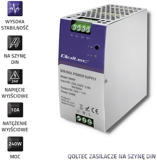 Qoltec Sursă de Alimentare pe Șină DIN cu Ieșire 24V și Putere 240W 10A