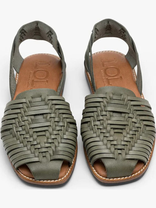 Leder Flache Sandalen für Damen in Khaki Farbe