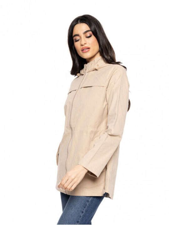 Splendid Women's Short Lifestyle Jacket for Winter with Hood Beige