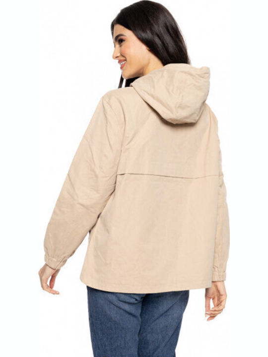 Women's Short Lifestyle Jacket for Winter with Hood Beige