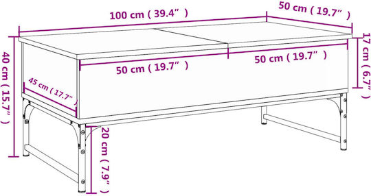 Rectangular Central Wooden Coffee Table with Lifting Mechanism Brown W100xD50xH40cm