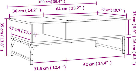 Rectangular Central Wooden Coffee Table with Lifting Mechanism Oak M100xW50xH35cm