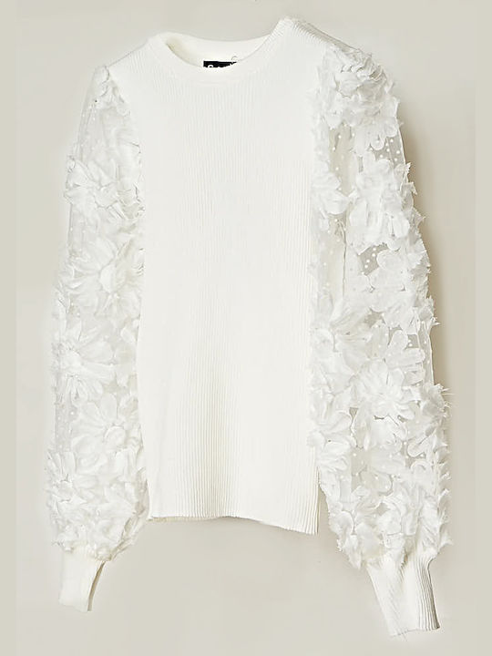 Knitted Blouse With Sleeves Made of Embroidered Tulle White