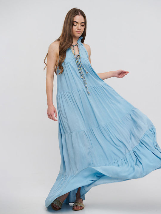 Ble Dress Long Sleeveless Blue with Golden Corduroy One Size (100% Rayon) 5-41-348-0882