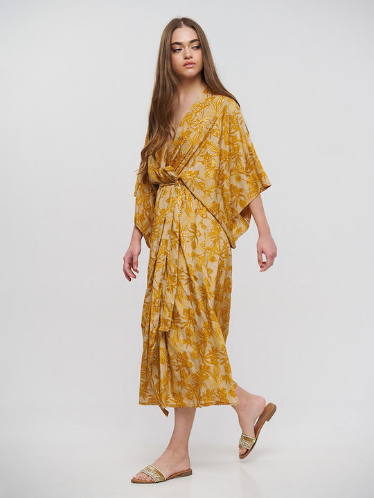 Blue Long Kimono with Belt Brown/Mustard with Gold Details One Size (100% Crepe) cm 5-41-348-0810