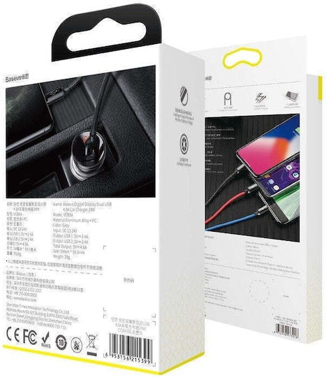 Baseus Φορτιστής Αυτοκινήτου 24W 4.8A με Θύρες: 2xUSB μαζί με Καλώδιο Type-C / Lightning / Micro-USB Μαύρος