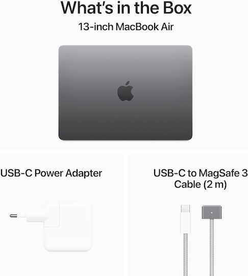 Apple MacBook Air 13" (2024) 13.6" Retina Display (M3-8-ядрен/8GB/256GB SSD/8-Core GPU) с 30W Зарядно устройство Космическо Сиво (Международен Английски Език Клавиатура)