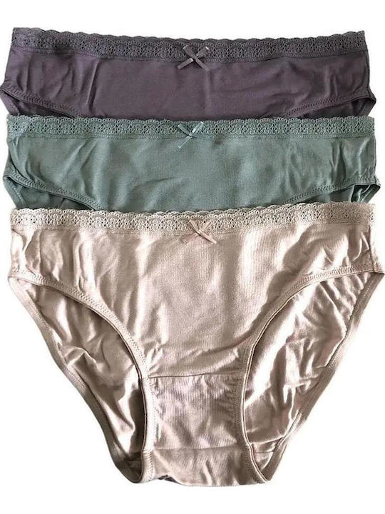 Damen Bikinihöschen 3er Pack einfarbig mit Spitze, Elastik und Schleife