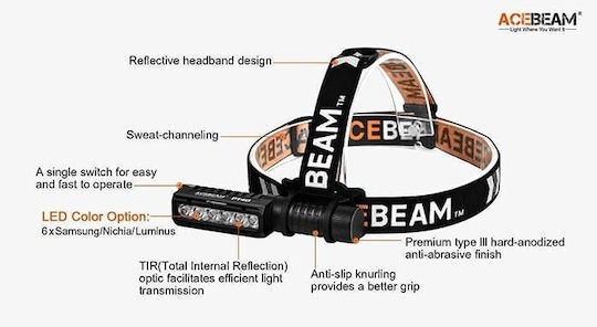 Acebeam Επαναφορτιζόμενος Φακός Κεφαλής LED IP68 με Μέγιστη Φωτεινότητα 3000lm