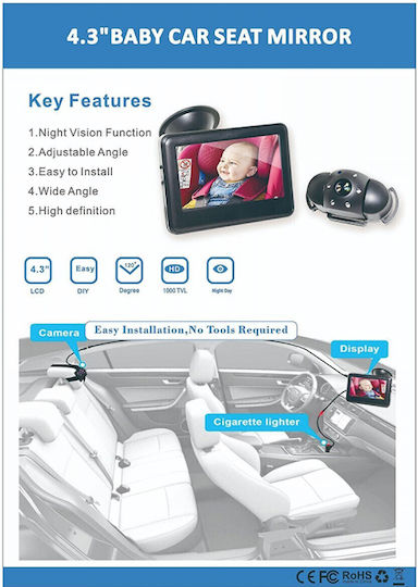 Kit Auto Black Car Baby Caregiver Monitoring Infant in the Back Seat 4.3" High-Definition