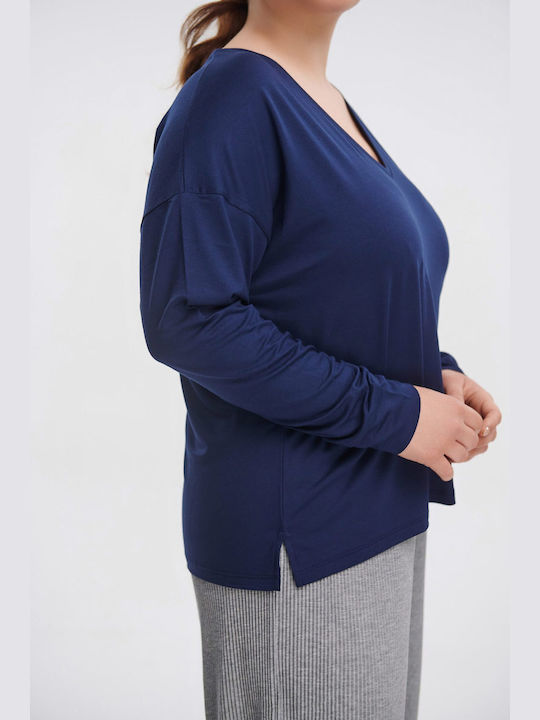 Jucita Women's Blouse Long Sleeve with V Neck Blue