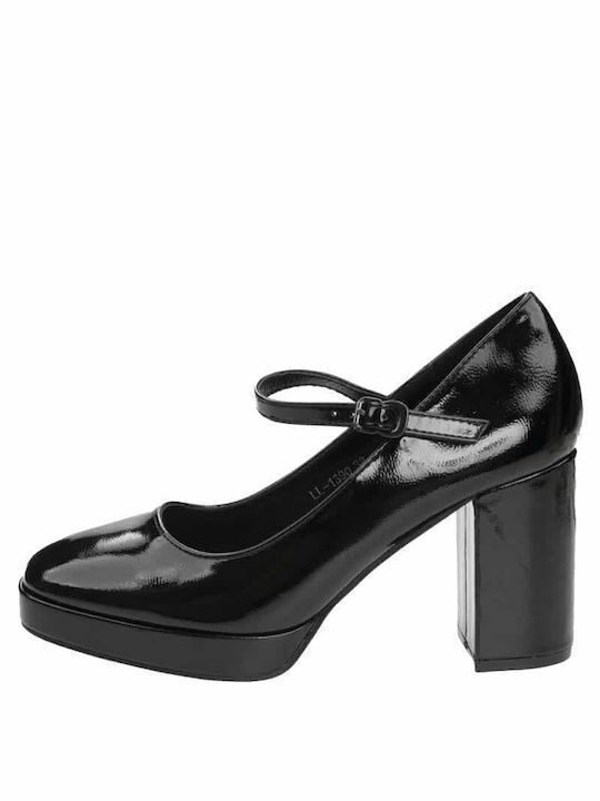 Plato Patent Leather Black High Heels with Strap