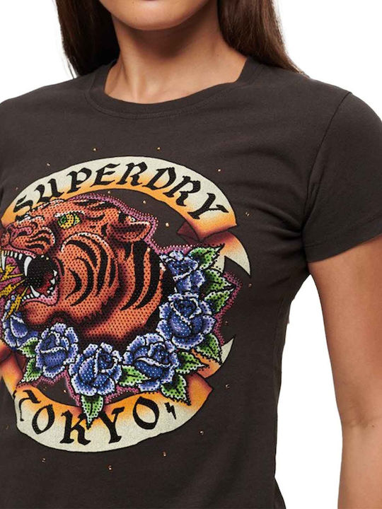 Superdry Rhinestone Fitted Damen T-shirt Schwarz