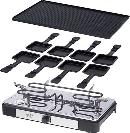 Adler Tabletop Electric Grill Raclette Ribbed Plate 1400W Inox with Adjustable Thermostat 42cmx23cmcm