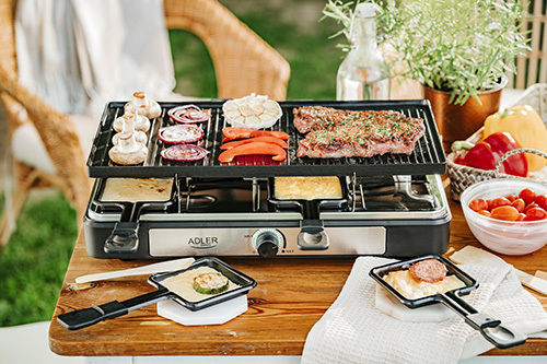Adler Tabletop Electric Grill Raclette Ribbed Plate 1400W Inox with Adjustable Thermostat 42cmx23cmcm
