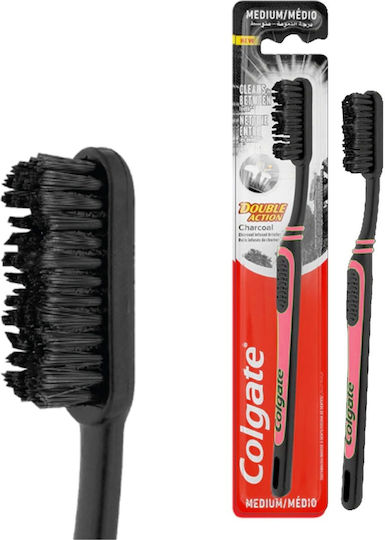 Colgate Double Action Charcoal Οδοντόβουρτσα Medium Μαύρη / Ροζ
