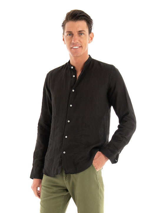 Brouback Slim Fit Linen Mao Shirt - Cămăși negre (negru pentru bărbați - LINOPXT-20)