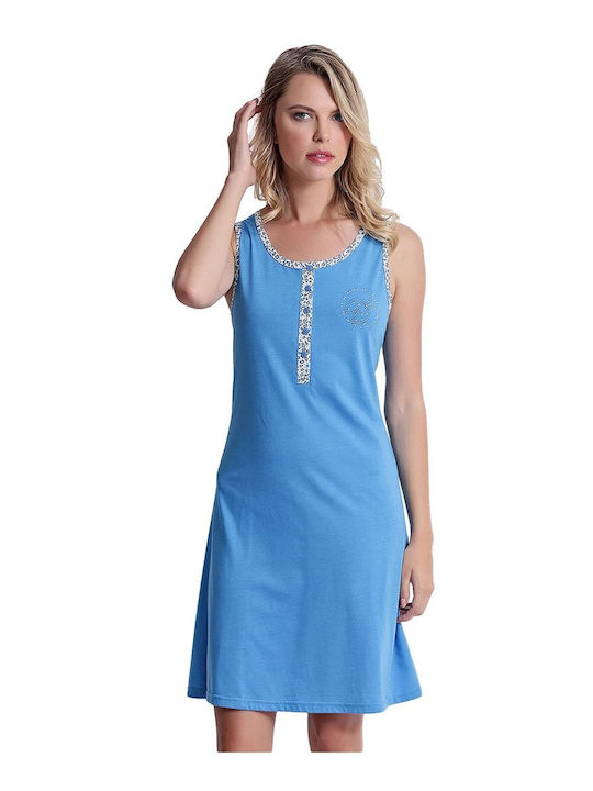 Lydia Creations Summer Women's Cotton Robe with Nightdress Blue