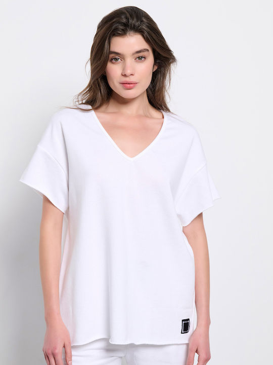 BodyTalk Damen Sportliches Bluse Kurzärmelig mit V-Ausschnitt White