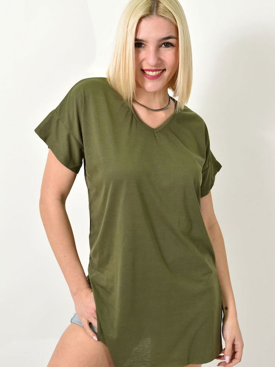 First Woman Women's Blouse Short Sleeve with V Neckline Khaki