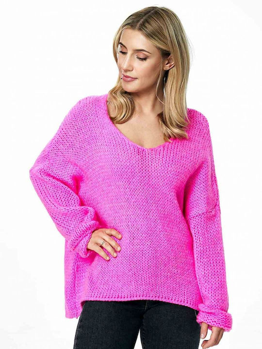 Figl Women's Long Sleeve Sweater Woolen with V Neckline Pink