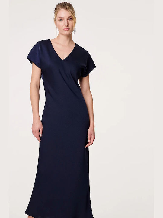 BSB Maxi Φόρεμα Σατέν με Σκίσιμο Μπλε Σκουρο