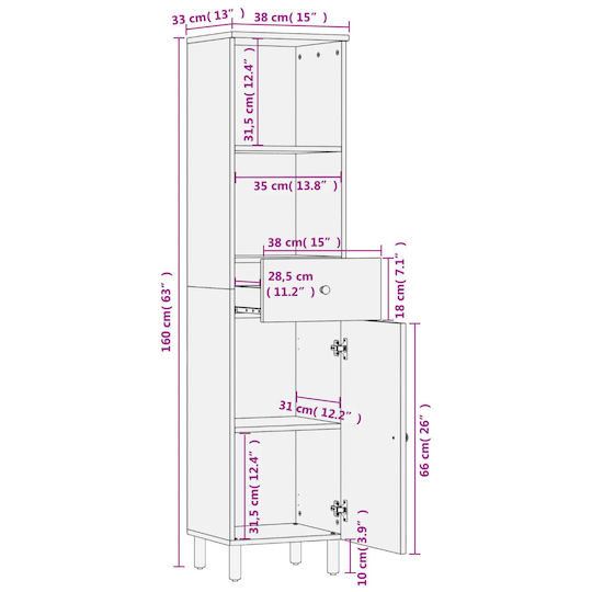 vidaXL Badezimmersäule Wandhängeschrank H38xB33xH160cm Schwarz