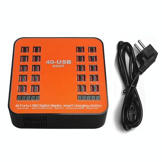 Jiageng Зарядна Станция с 40 USB-A Изходни Порта 200W Черна / Оранжева (WLX-840)
