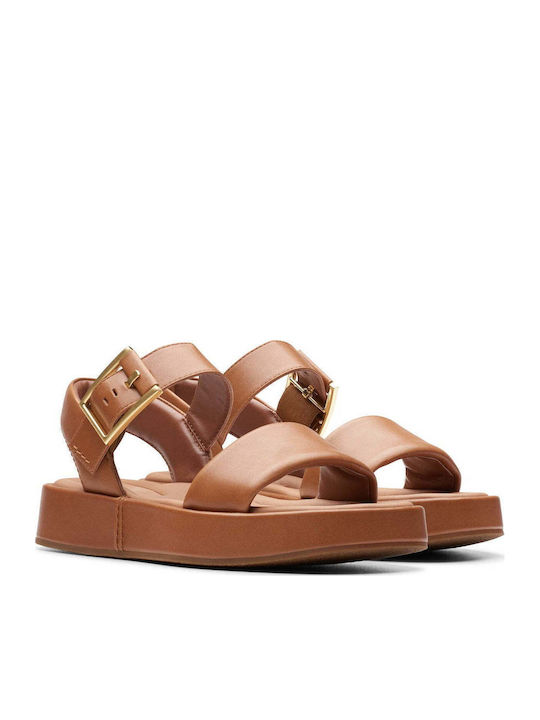 Alda Leather Women's Flat Sandals with Strap Flatforms in Tabac Brown Color