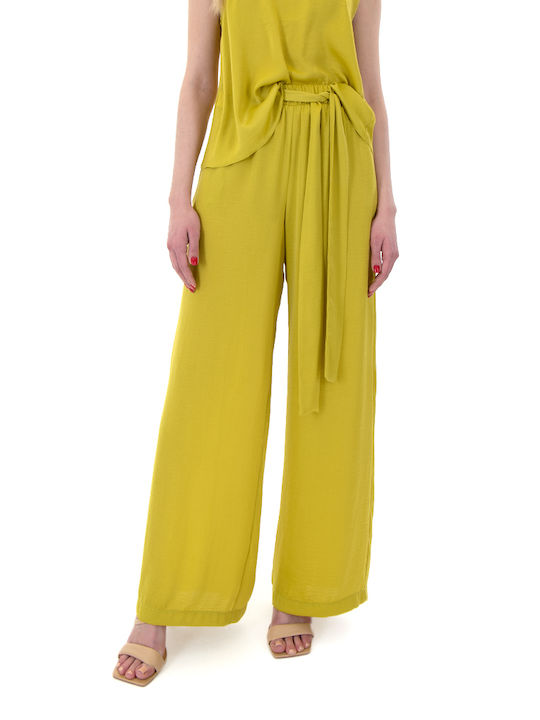 Moutaki Women's High-waisted Fabric Trousers in Wide Line Yellow