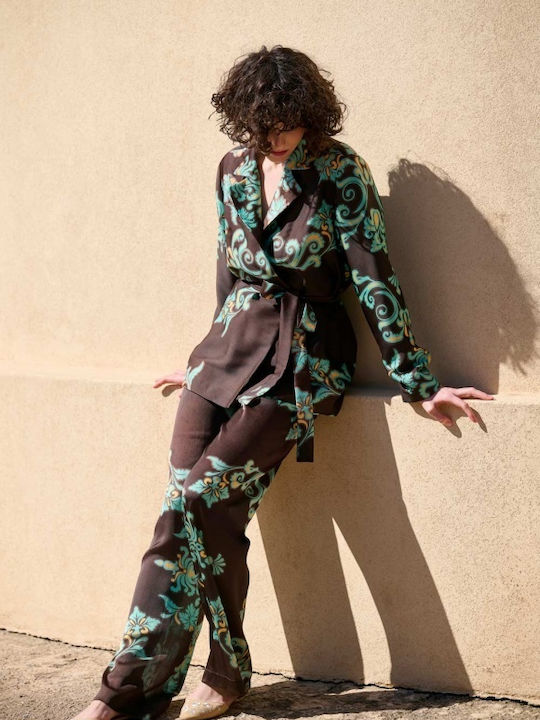 Matis Fashion Damen Hochgeschnittene Satin Hose mit Gummizug in Normaler Passform Blumen Braun