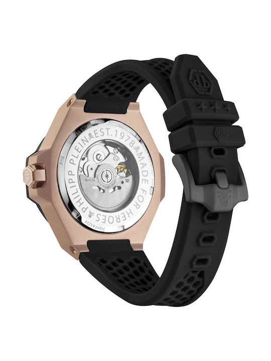 Philipp Plein Skeleton Herrenuhr mit Batterie und schwarzem Gummiarmband