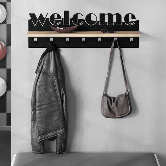 Megapap Wall Hanger Welcome Wooden 6-Hook Black 86x29x15.2cm