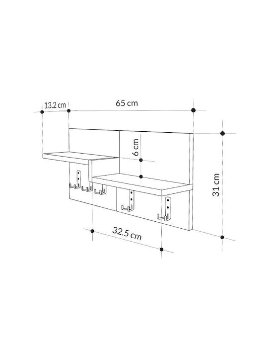 Megapap Wall Hanger Harmon Wooden 5 Hooks White GP037-0208 65x31x15cm