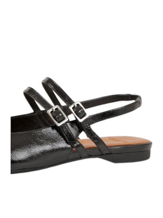 Hermine Leather Women's Pointed Toe Ballerina Shoes With Strap In Black Color