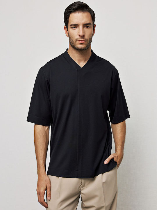 P/Coc Men's Short Sleeve Blouse with V-Neck Black