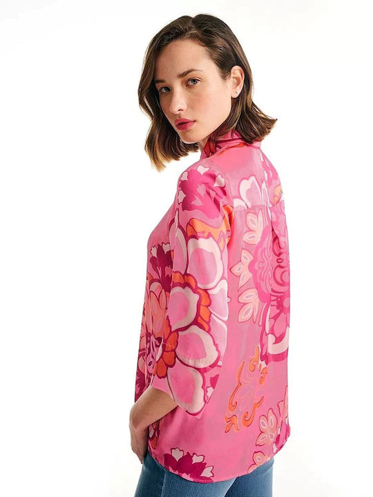 Forel Women's Satin Floral Long Sleeve Shirt Pink