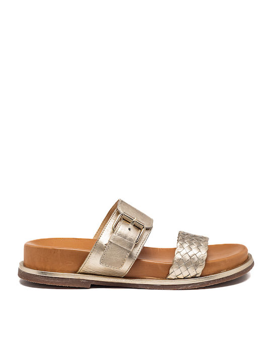 Leder Flache Sandalen für Damen in Gold Farbe