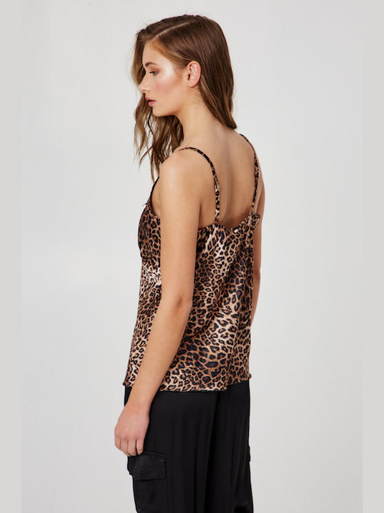 BSB Femeie Satin Top Lingerie Animal Print cu dantelă Bej